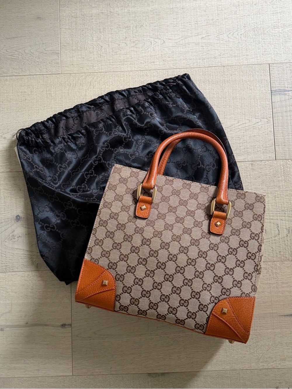Gucci Brown GG Monogram Canvas Satchel with Tan Leather Trim